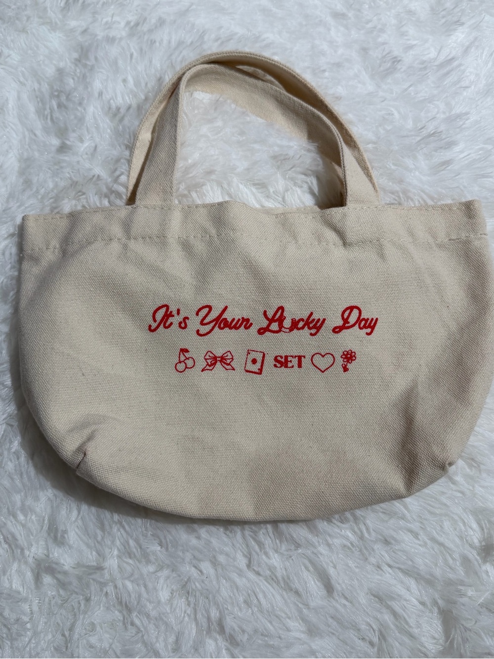 Set Active Mini Canvas Tote Bag It's Your Lucky Day Cream Tan with Red Print